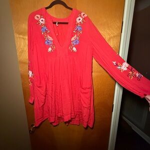 Free People Red Floral Embroidered Tunic